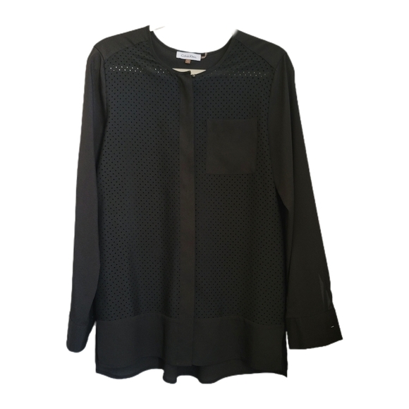 Calvin Klein Top Womens M Medium Black Button Up Cut Out Semi Sheer Long Sleeve - Picture 1 of 6